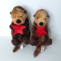 Aurora Sea Otter Lot of 2 Plush Holding Red Star Fish Stuffed Animal Brown 9&quot; - £17.39 GBP