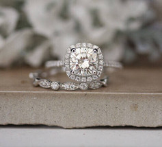 Halo Bridal Ring Set 2.55Ct Cushion Cut Diamond 14k White Gold Finish in Size 5 - £125.00 GBP