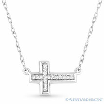 0.06 ct Round Cut Diamond Sideways Cross 14k White Gold Pendant &amp; Chain Necklace - £258.18 GBP