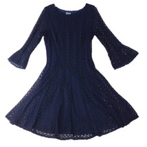 RABBIT RABBIT RABBIT DESIGNS Women&#39;s Navy Lace Bell Sleeve Skater Dress ... - $19.35