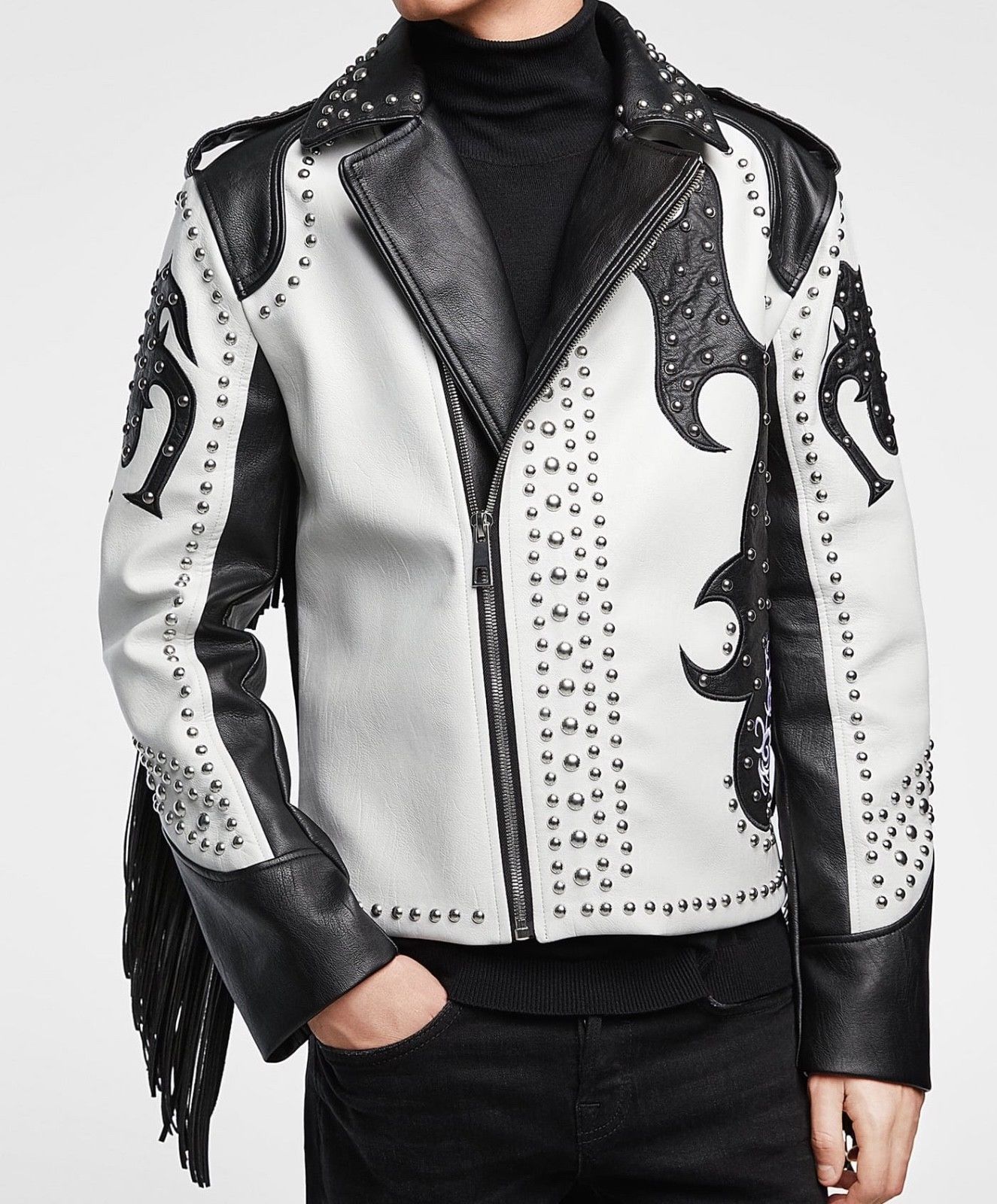 New Men's Handmade Black and White Leather silver Studded Leather Jacket