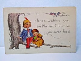 Christmas Postcard Whitney Child With Feather In Cap Blue Birds In Tree Vintage - £10.09 GBP