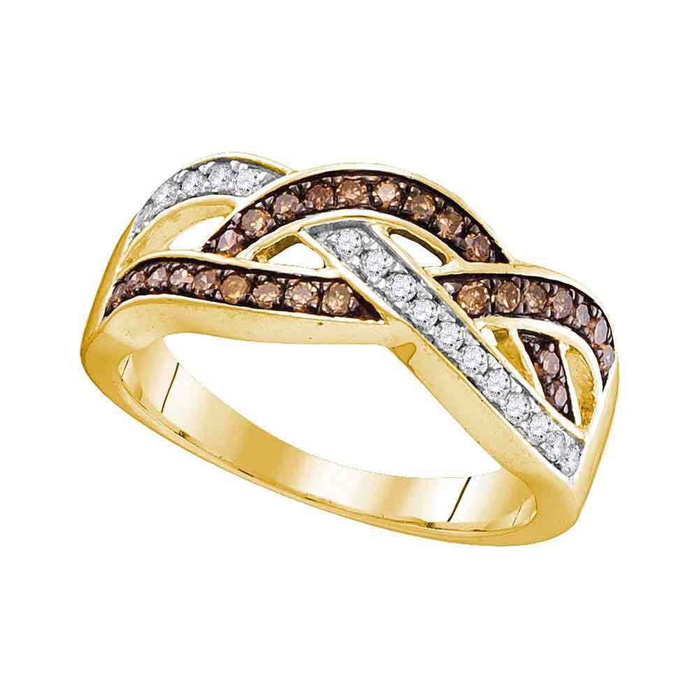 10k Yellow Gold Round Brown Color Enhanced Diamond Crossover Band Ring 1/3