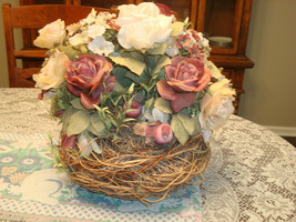 Rose Floral Arrangement with Birds in a Birds Nest Handmade - $99.99