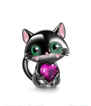 New S925 Black Cat Pink Heart Zircon Charm for Pandora Bracelet and Neck... - $11.99