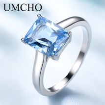 UMCHO Luxury Sky Blue Gemstone Topaz Ring Solid 925 Sterling Silver Wedding Ring - £22.60 GBP