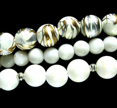 Triple 3 Strand Vintage White Beaded Necklace Goldtone Silvertone Swirls 20&quot; - £11.62 GBP