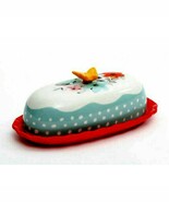 Pioneer Woman Flea Market Butter Dish Red Base Stoneware Floral Butterfl... - $37.98 CAD