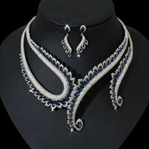 Indian Bollywood Style CZ Silver Plated Jewelry Necklace Blue Sapphire Set - £68.55 GBP