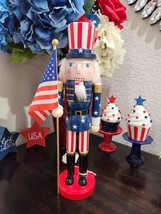 Patriotic 4th of July Nutcracker Holding Flag Figure Figurine Statue 14&quot; - £31.64 GBP