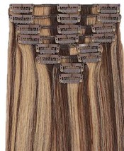 Clip in Hair Extensions Medium Brown with Honey Blonde Highlighted Human Hair Cl - £46.28 GBP+