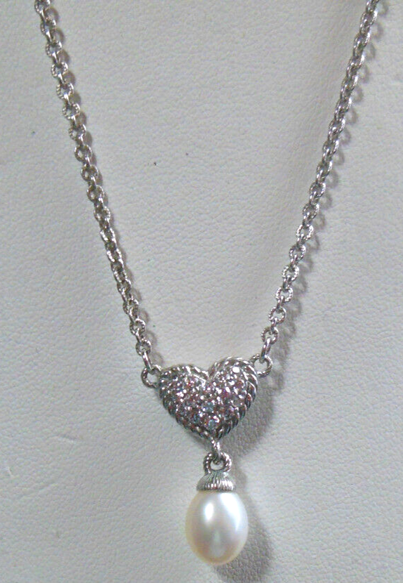 Signed Judith Ripka 925 Sterling Silver CZ Heart & Pearl Pendant Necklace 20" - $148.50