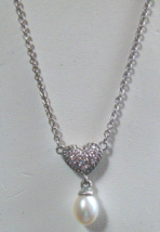 Signed Judith Ripka 925 Sterling Silver CZ Heart &amp; Pearl Pendant Necklace 20&quot; - £116.77 GBP