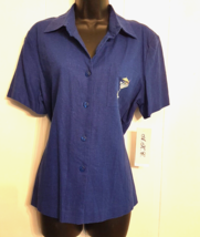 A.K.C. Sapphire Blue Blouse Top size M Linen Blend Shirt Margarita Embroidered - $19.74