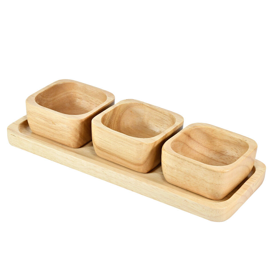 Functional Snack Plate with Three Square Bowl Kitchen Brown Rubber Tree Wood Set - $23.43