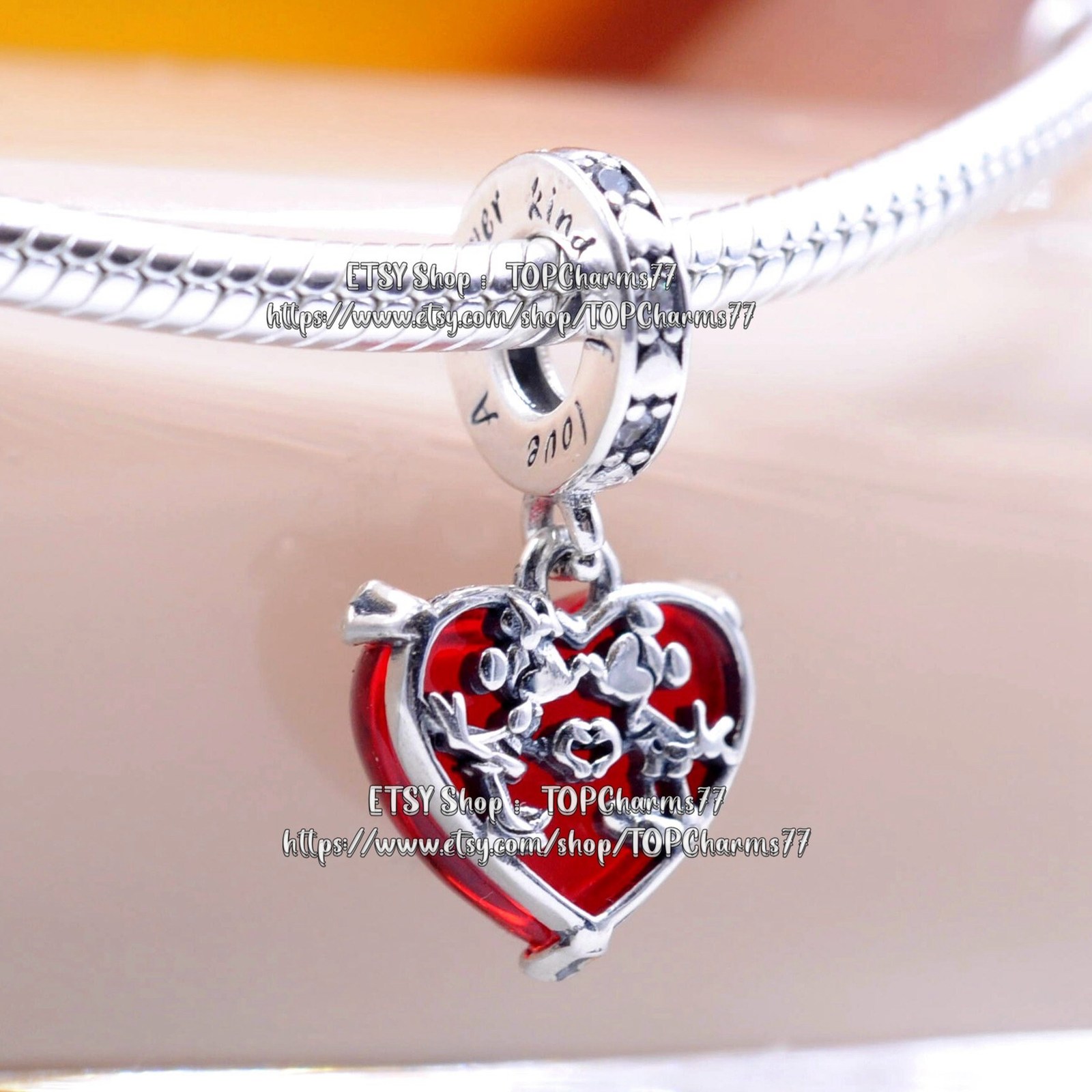 Primary image for 925 Silver Disney Mickey & Minnie Mouse Kiss Red Murano Glass Dangle Charm