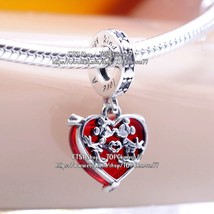 925 Silver Disney Mickey &amp; Minnie Mouse Kiss Red Murano Glass Dangle Charm - £13.21 GBP