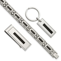 Stainless Steel Black Enamel Bracelet, Money Clip &amp; Key Ring Set by Chisel - £135.57 GBP