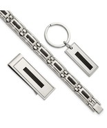Stainless Steel Black Enamel Bracelet, Money Clip &amp; Key Ring Set by Chisel - £135.88 GBP