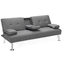 Costway Convertible Folding Futon Sofa Bed Fabric with Armrests Home Light Grey - £370.38 GBP