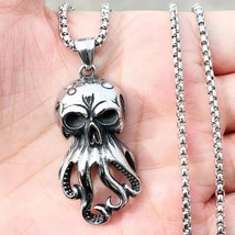 Men Silver Octopus Skull Pendant Necklace Punk Retro Biker Jewelry Box Chain 24&quot; - £7.12 GBP