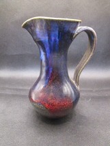Japanese pottery volcanic ash studio glazed pitcher brown /soft blue red 6 1/2&quot; - £51.43 GBP