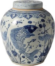 Ancestor Jar Fish Lidded White Blue Colors May Vary Variable Handmade - £320.88 GBP