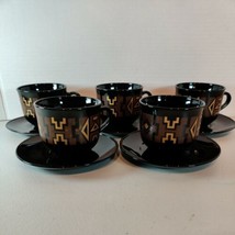 Set Of 5 Folkloric Tribal Native Design Tea Cups Mugs &amp; 5 Tapas Small Plates - £28.66 GBP