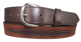Applique Western Belt - 2 Tone Brown Decorative Stitched Bridle Leather - £49.84 GBP