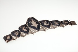Vintage Thai Silver Siam Niello Enamel gradual tapered Panel Bracelet 7&quot; - $427.68