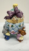 CWC Porcelain Decorative Box Easter Egg Shaped Hinged Box Rabbits Bird &amp; Flowers - £23.32 GBP