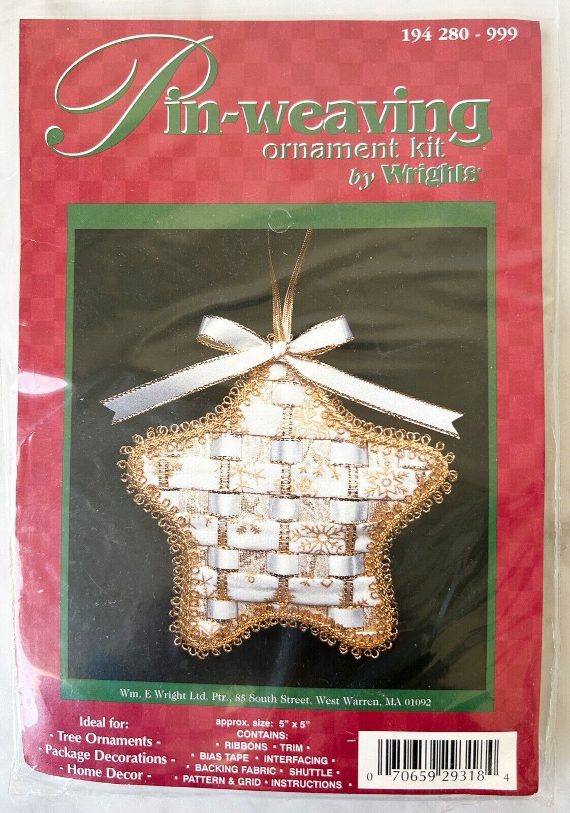 Wrights Pin-Weaving Christmas Tree Star Ornament Kit 5"x5" New Sealed - $9.45