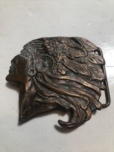 Vintage Native American Indian Head Feather Metal  Copper Belt Buckle - £18.70 GBP