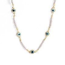  Bead Long Chain Necklace Blue Turkish Charm Necklace Fashion Jewelry for Women  - £13.56 GBP