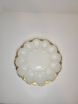Vintage Anchor Hocking White Milk Glass Deviled Egg Plate Dish With Gold Trim - £36.26 GBP