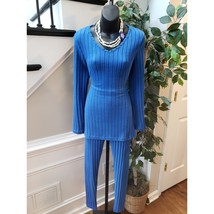 Womens 2 Piece Top &amp; Pants Small Blue Ribbed Knit Slit Long Sleeve Pullover - $29.70