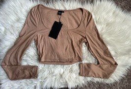 SHEIN Sxy Women&#39;s Size XS Slim Fit Tan Scoop Neck Crop Long Sleeve Tee New - $17.81