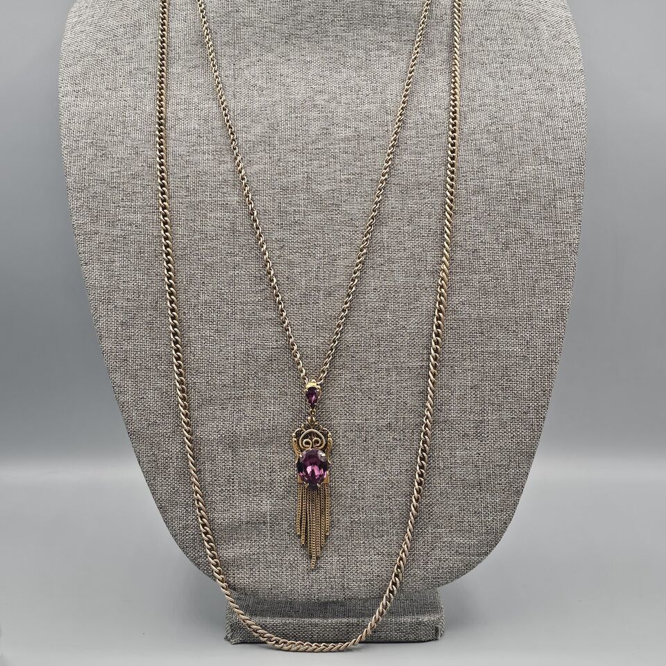 Layered Vintage Necklace Gold Tone Purple Crystal Drop Pendant Metal Fri... - $29.99