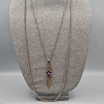 Layered Vintage Necklace Gold Tone Purple Crystal Drop Pendant Metal Fri... - $41.05 CAD