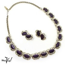 Vintage Purple Crescent Thermoplastic Necklace and Clip On Earrings Set ... - £22.81 GBP