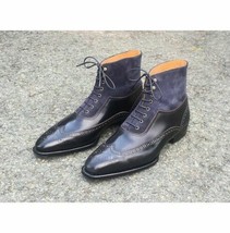 Handmade Men&#39;s Black Blue Wingtip Ankle Boots, Men Leather Suede Dress B... - €121,26 EUR