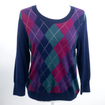 Talbots Argyle Sweater Preppy Blue Purple Metallic Thread Wool Blend - £19.14 GBP