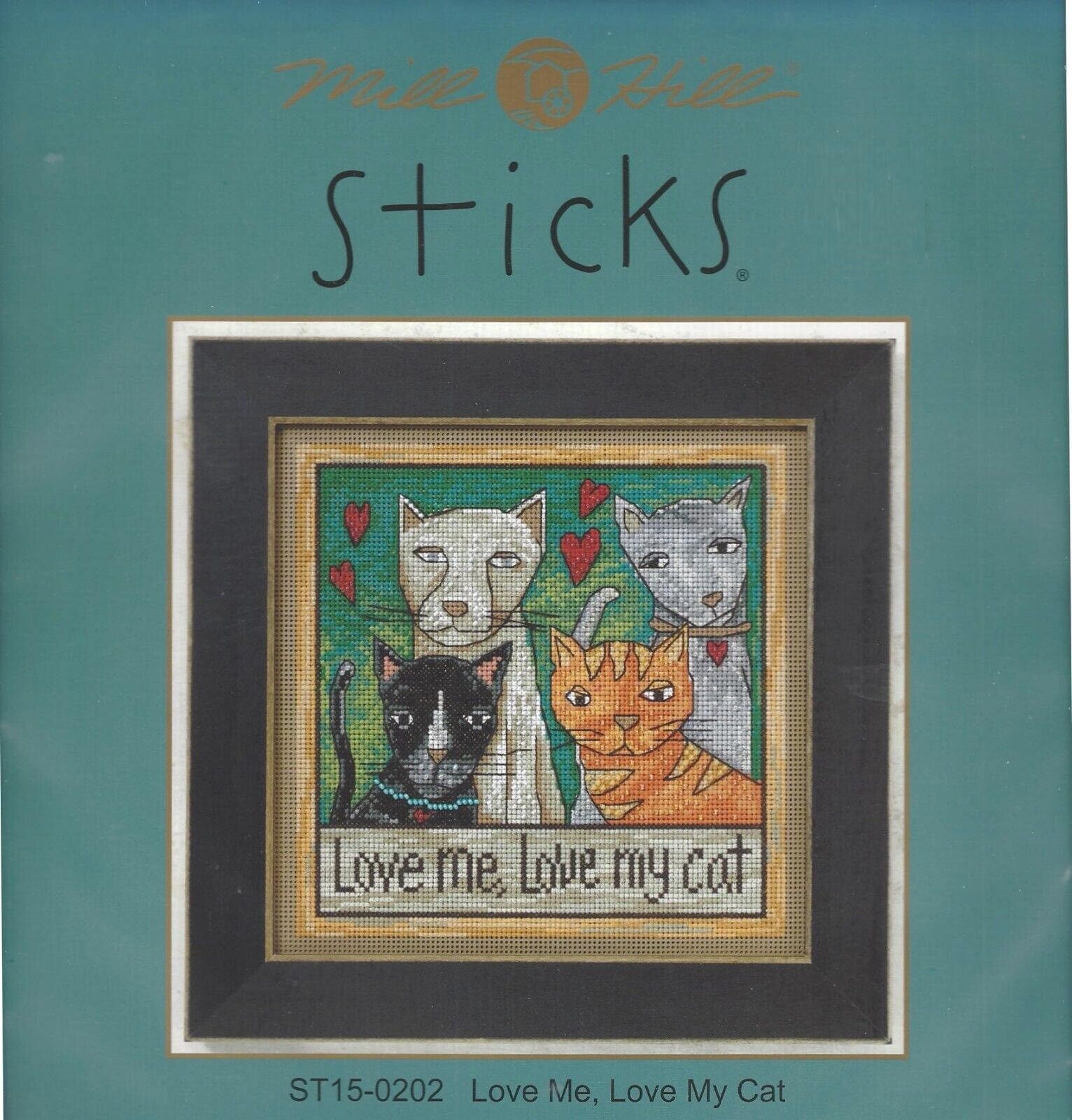 Mill Hill Sticks Counted Cross Stitch Kit Love Me Love My Cat 2010 Beads 7 x 7" - $12.86