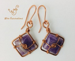 Handmade amethyst earrings: square amethyst framed and spiral wrapped in copper - £23.18 GBP