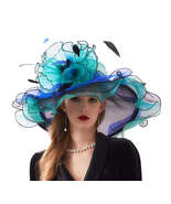 Women Derby Day Organza Large Brim Church Wedding Hat with Big Flower - £30.66 GBP