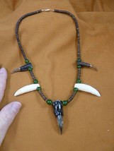 G-162-200B) Gator Alligator 2 Teeth + Toe Aceh Bovine Bone + Green Jade Necklace - $58.89