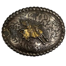 Rodeo Bull Rider Western Cowboy Silver Gold Belt Buckle 4&quot; x 3&quot; VINTAGE - £6.70 GBP