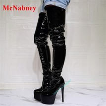 Stretch Patent Leather Thigh High Boots Platform Solid Stiletto Heel Fitted Newb - £186.17 GBP