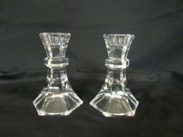 Pair Cut Crystal 5&quot; Candle Holders - 6 Sided Mirror-Like Candlesticks - £5.30 GBP