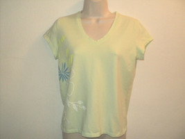 Fresh Produce Top Tee Size Medium Lime Green Short Sleeves Floral Accent - £11.69 GBP